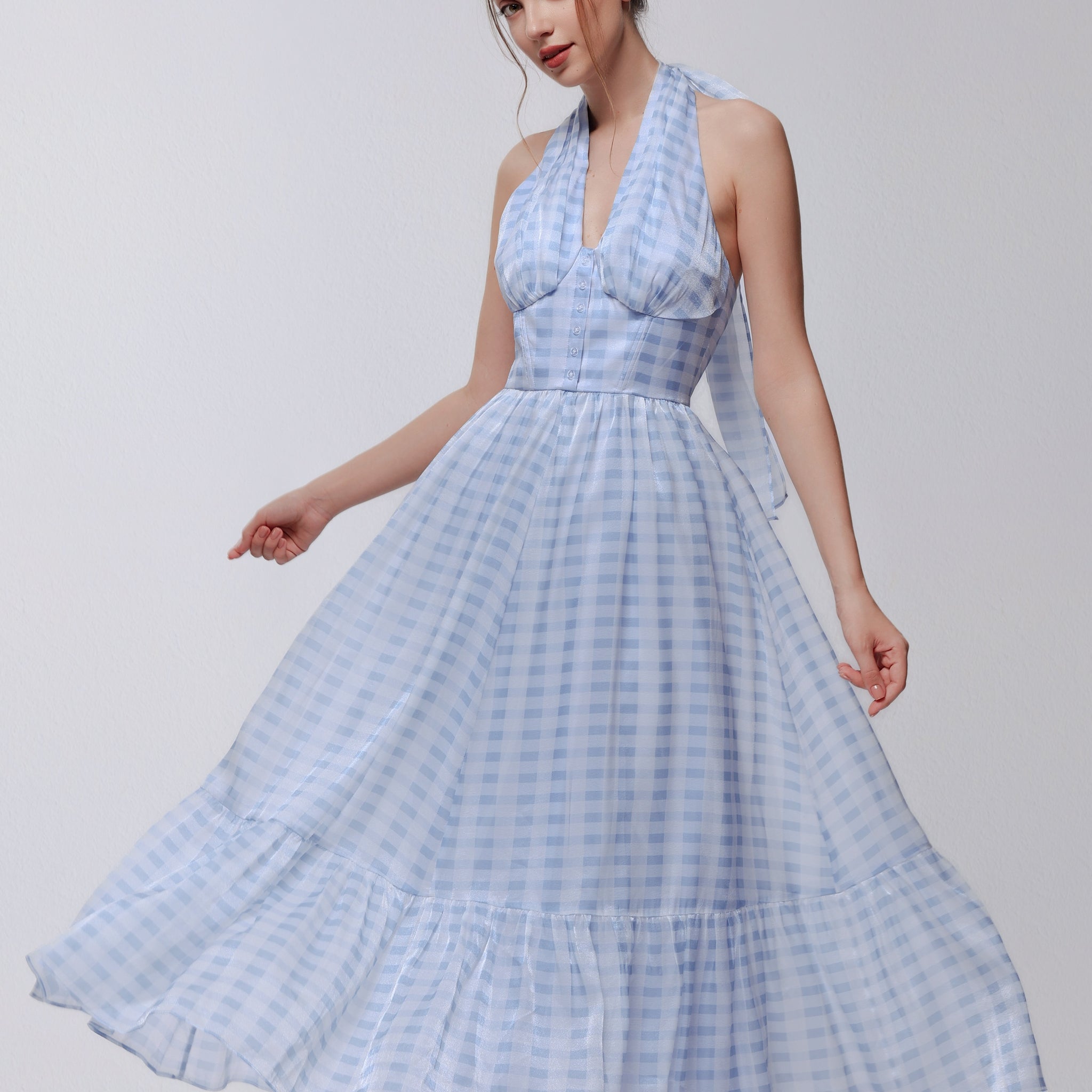 Audrey Gingham Organza Halter Maxi Dress