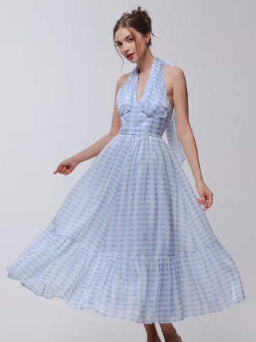 Audrey Gingham Organza Halter Maxi Dress