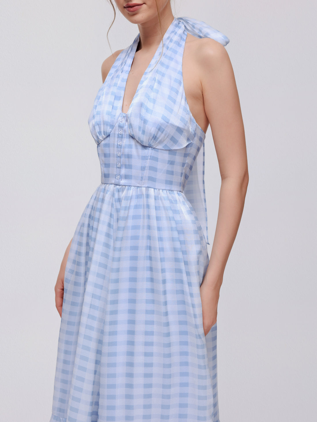 Audrey Gingham Organza Halter Maxi Dress